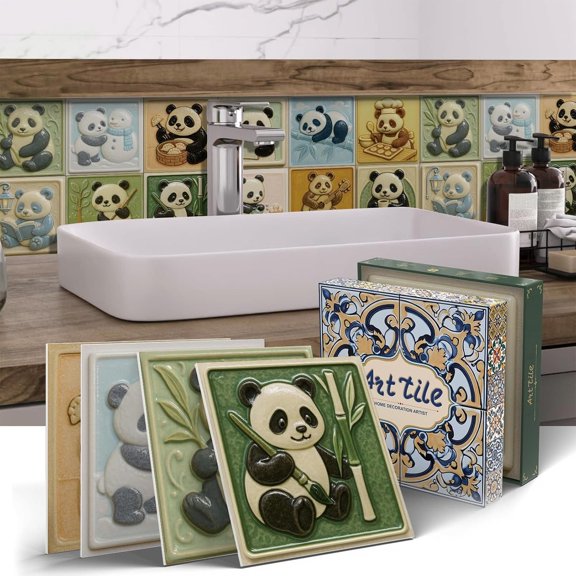 Wall Decor Stickers, 12 Sheets-6x6 Inch Peel & Stick Backsplash Tile, PE Wall for Kitchen, Bathroom, Cabinets, Panda