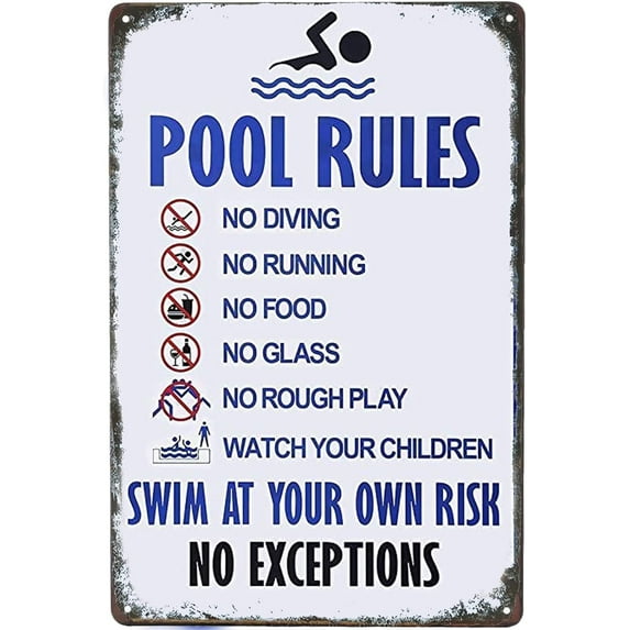 Wall Decor Swimming Pool Rules with Their own Risk Swimming Warning Metal Sign, Swimming Pool, Water Park Safety tin Sign 12x16 Vintage Signs Metal Plates Funny Art