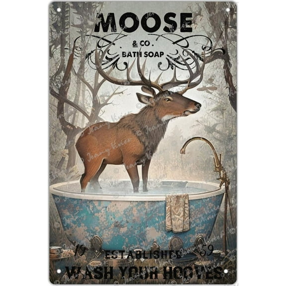 Wall Decor - Tin Sign, Funny Moose Pattern - Bathroom Use, Vintage Style - Toilet Use, Wash Your Hooves Animal Vintage Tin Sign Bathroom Wall Art Funny Farmhouse Signs 12 x 8 In