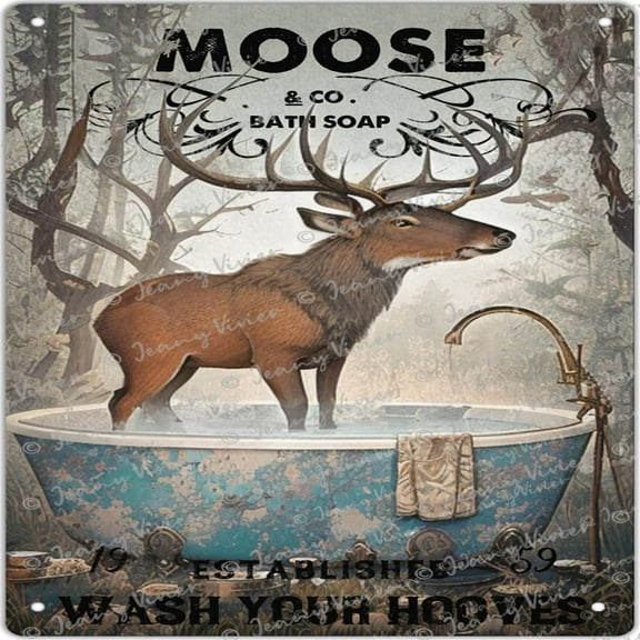 Wall Decor - Tin Sign, Funny Moose Pattern - Bathroom Use, Vintage Style - Toilet Use, Wash Your Hooves Animal Vintage Tin Sign Bathroom Wall Art Funny Farmhouse Signs 12 x 12 In