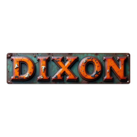 Wall Decor Tin Signs Industrial 16*4 in Grunge Look Bold Font"Dixon in rusty orange with skulls" vintage bar accessories man cave accessories cool apartment style garage Embossed effect