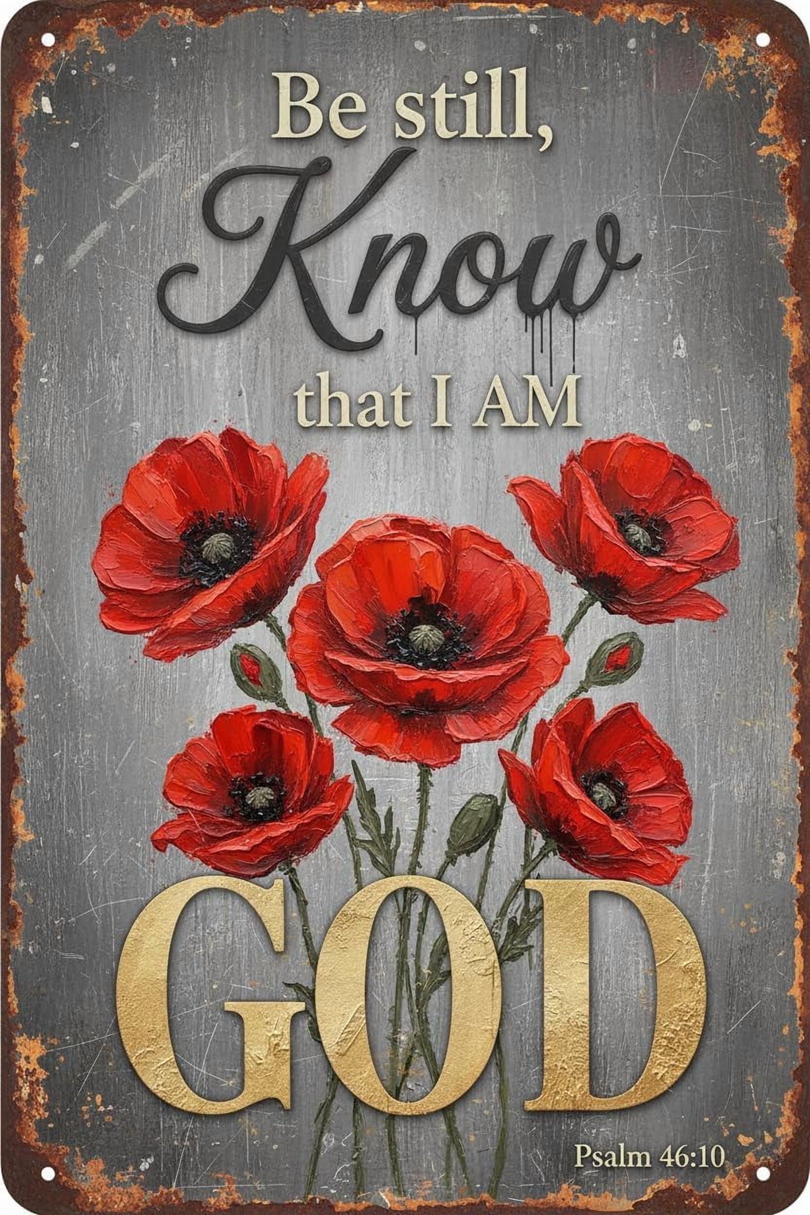 Store Sign Flashcard Wall Decor Vintage Art Tin Sign And Know That I Am God Red Poppies For ...
