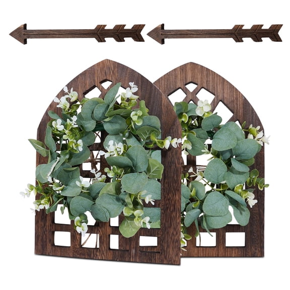 Wall Decoration Set, Windows Brown Rustic Wood Window Frame With Green Wreath And Arrows Farmhouse Hanging Decor