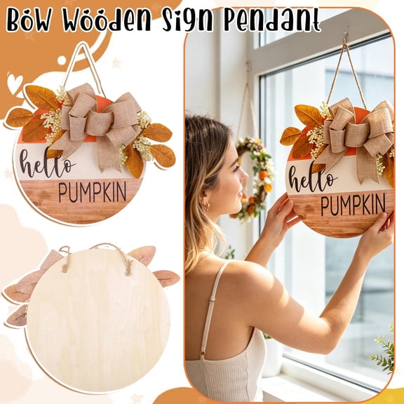 Wall Decorations, 12 Inch Diameter Rustic Wooden Front Door Decor, Hello Pumpkin Design Burlap Bow Wall Decor for Halloween, Autumn Leaves Accent Door Hanger, Durable Wooden Wall