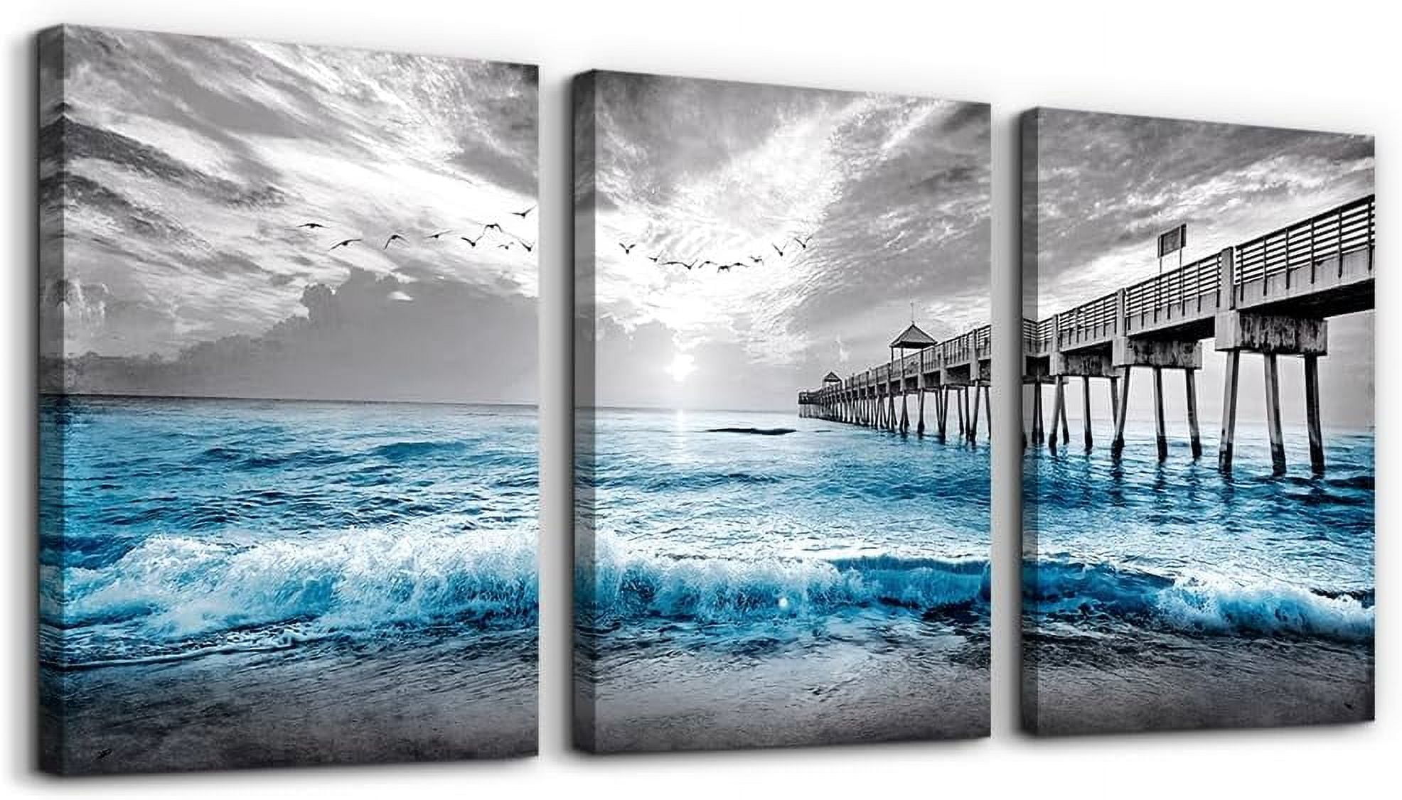 Wall Decorations For Living Room 3 Piece Framed Canvas Wall Art For Bedroom Office Wall Decor Black And White Wall Painting Blue Ocean Sea Wave Pictures Artwork For Modern Posters Prints