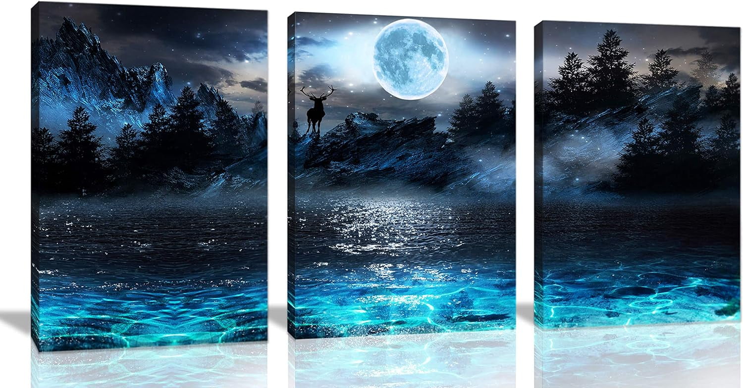 Wall Decorations For Living Room Moon Deer Ocean Landscape Picture Teen Room Decor Wall Art For Bedroom Modern Decor 3 Piece Framed Ready To Hang Moon Wall Art 3 Piece Wall Art Size 12x16