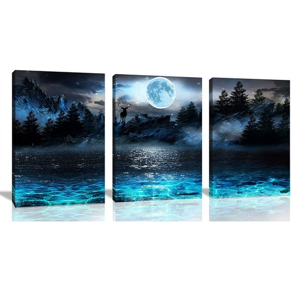 Wall Decorations For Living Room Moon Deer Ocean Landscape Picture Teen Room Decor Wall Art For Bedroom Modern Decor 3 Piece Framed Ready To Hang Moon Wall Art 3 Piece Wall Art Size 12x16 Each Panel