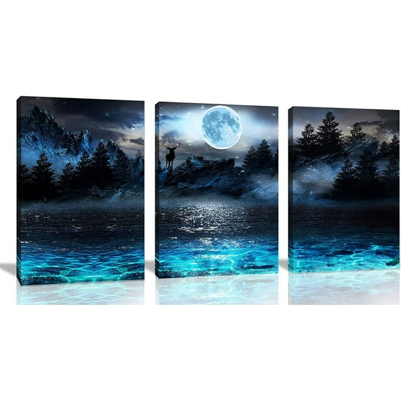 Wall Decorations For Living Room Moon Deer Ocean Landscape Picture Teen Room Decor Wall Art For Bedroom Modern Decor 3 Piece Framed Ready To Hang Moon Wall Art 3 Piece Wall Art Size 12x16