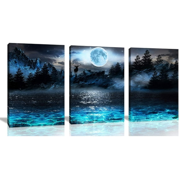 Wall Decorations For Living Room Moon Deer Ocean Landscape Picture Teen Room Decor Wall Art For Bedroom Modern Decor 3 Piece Framed Ready To Hang Moon Wall Art 3 Piece Wall Art Size 12x16