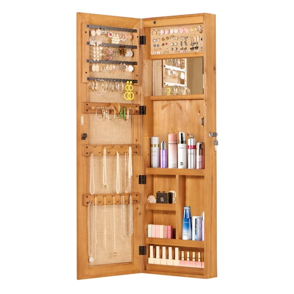 Wall or Door Mounted Jewelry Armoire with 42" Full Length Mirror, Lockable Cabinet with LED Light, Over the Door Large Jewelry Storage Organizer, Light Brown