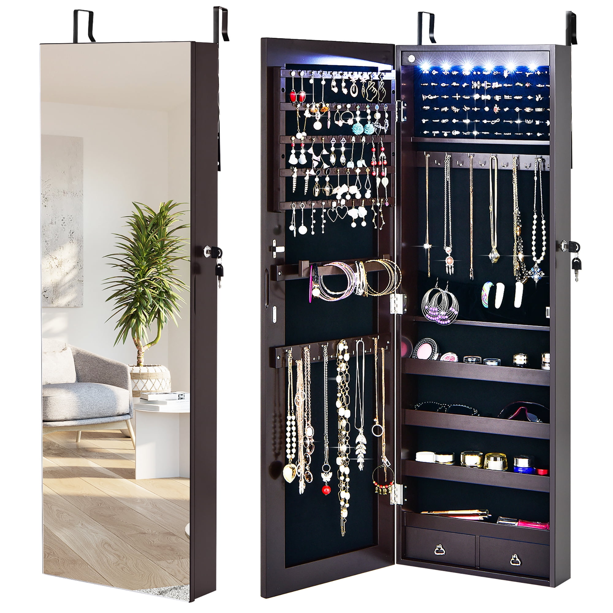 Wall/Door Mounted Jewelry Cabinet Full Screen Mirror Armoire Organizer w/  LEDs Black