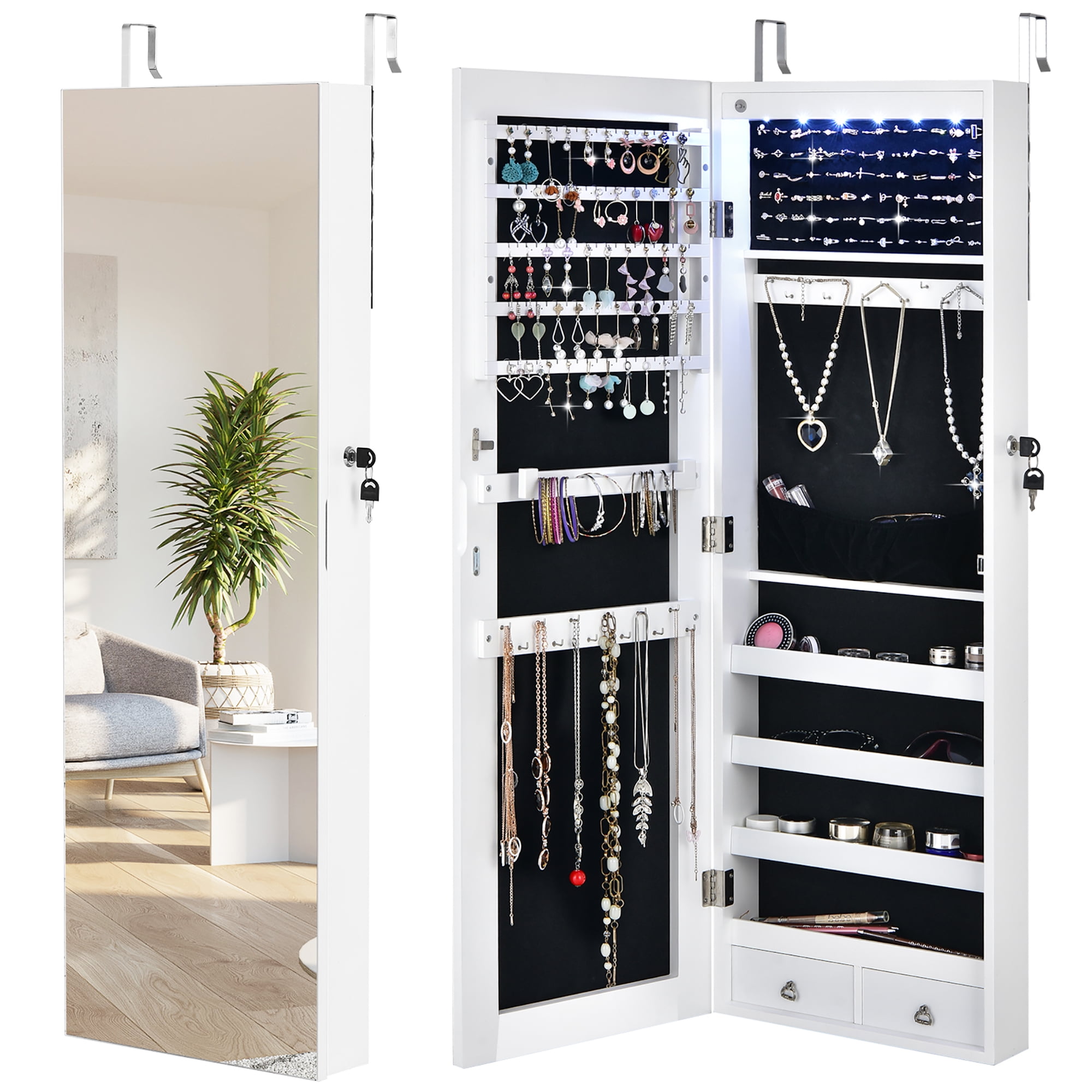Wall/Door Mounted Jewelry Cabinet Full Screen Mirror Armoire Organizer w/  LEDs White