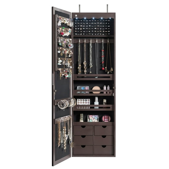 Wall Door Mounted LED Mirror Jewelry Cabinet Lockable Armoire Brown