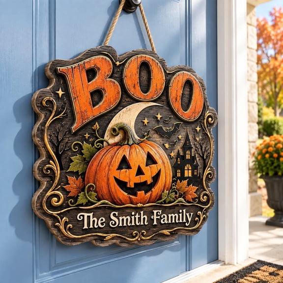 Wall Door Sign, Personalized Spooky Pumpkin and Ghost DeDoor Sign, Wood Home Decor for Halloween
