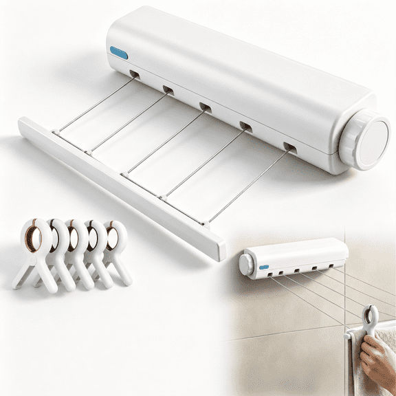 Wall Drill-Mount Retractable Multi-Line Clothesline Dryer, Heavy Duty Telescopic Clothesline, Expandable Up To 12.3 FT Laundry Drying Rack with 5 Ropes Hook for Indoor Outdoor Clothes