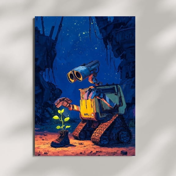 Wall E Plant Art Print, Cinematic Blue Night Animated Film Poster, Glowing Dark Bedroom Wall Art