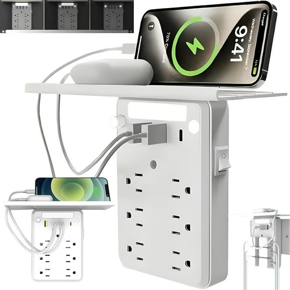 Wall Extender with Shelf and Night Light USB Ports, 2025 New 9-in-1 Extended Outlet with Surge Protector for Next to Bed, Office, Home Use