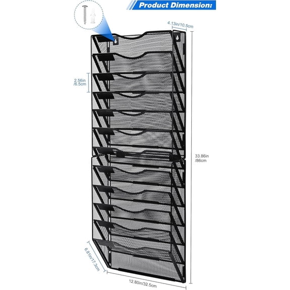 Wall File Holder, 12 Pockets Hanging File Folder, Paper Organizer Storage, Document Rack, Mail Holder, Magazine Rack, Wall Organizer for Office, Black