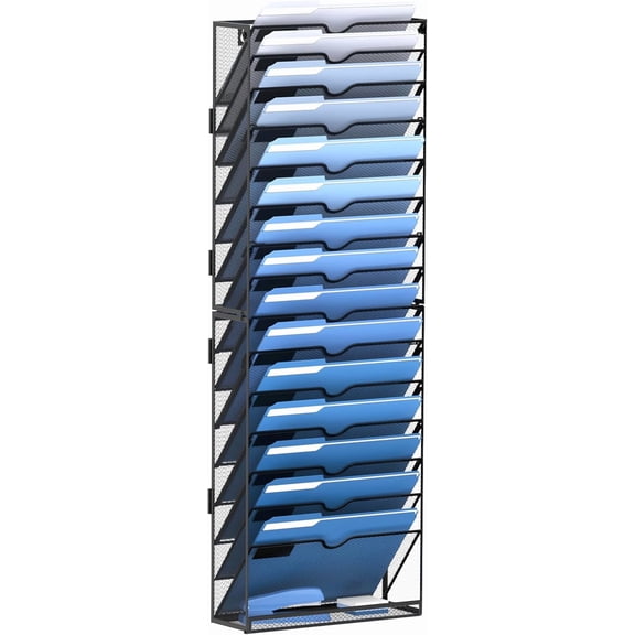 Wall File Holder 16 Tier Hanging Wall File Organizer, for Papers Mails Folders Clipboard Magazine Organization for Office Home School Classroom, Mesh Metal, Assembly Needed, Black