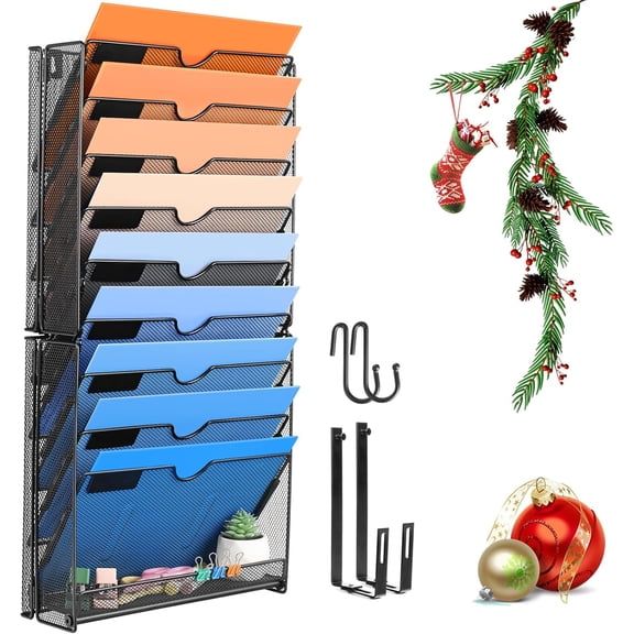 Wall File Organizer, 10 Pockets Mesh Hanging File Organizer, Wall Mount File Paper Folder Holder With Hooks, Wall Organizer Magazine Document Mail for Office School, Black