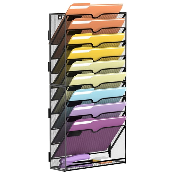 Wall File Organizer 10 Tier, Hanging File Holder for Wall Mount - Office & Home Organization, Black Metal Paper Tray, School Supplies Storage