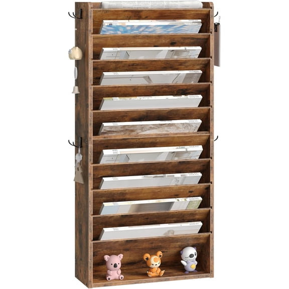 Wall File Organizer, 10-Tier Hanging Mail Organizer, Wall Mount File Holder with 4 Side Hooks, Mail and Storage Organizer,Wooden Vertical Hanging Holder for Office, Rustic Brown