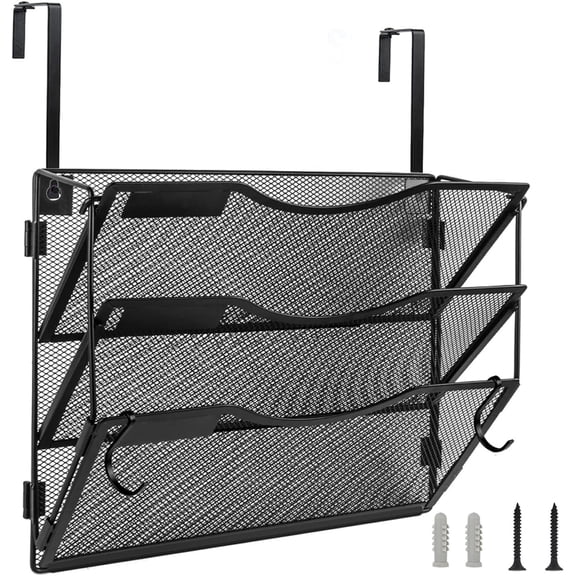 Wall File Organizer 3 Pockets, Mail Organizer, Hanging Folder Holder, Foldable | or Mounted Label Panel 2 Hooks Office Home School Black