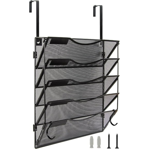 Wall File Organizer 5 Pockets, Mail Organizer, Hanging Folder Holder, Foldable | Hanging or Wall Mounted | Label Panel | 2 Hooks | Office Home School Organizer, Black