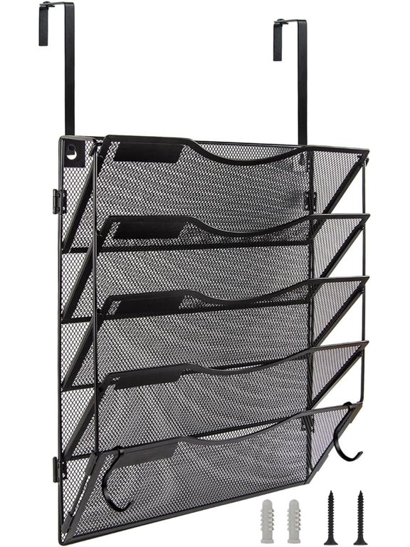 Wall File Organizer 5 Pockets, Mail Organizer, Hanging Folder Holder, Foldable | Hanging or Wall Mounted | Label Panel | 2 Hooks | Office Home School Organizer, Black,One Size,Black,5 Pockets