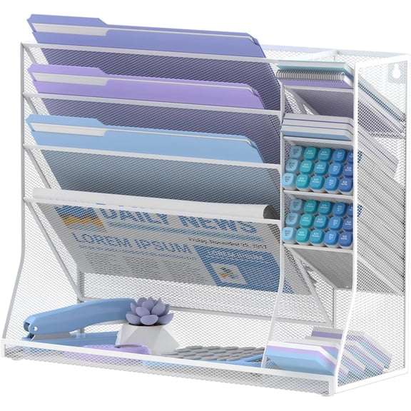 Wall File Organizer, 5-Tier Desk Organizer with 4 Pen Slots, Hanging Wall File Folder Holder with R-shaped Bottom Tray, Mesh Versatile Mail Holder Desk Organization for Office, White