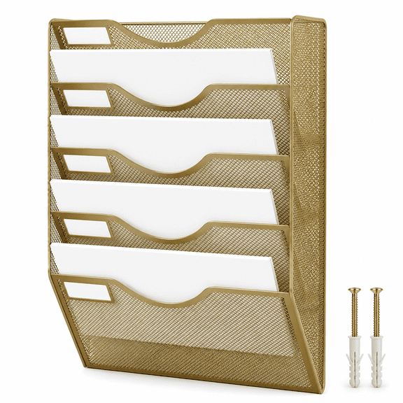 Wall File Organizer 5 Tier Hanging Paper Folder Holder, Zero Assembly Metal Mesh Wall Mounted Mail Organizer for Office Home Classroom Narrow Spaces, Gold