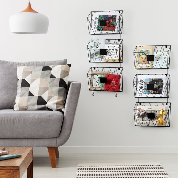 Wall File Organizer 6Pack, Mesh Hanging Wire Magazine Rack with Hooks, WallMount Mail Holder for Office Papers, Folders, Files, Clipboard  Black