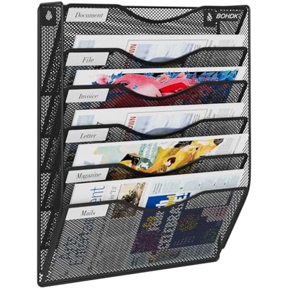Wall File Organizer, 6 Tier Hanging File Folder Mail Organizer, Vertical Mesh Metal Wall Mount Hanging File Holder, Paper Document Magazine Rack for Home Office Black
