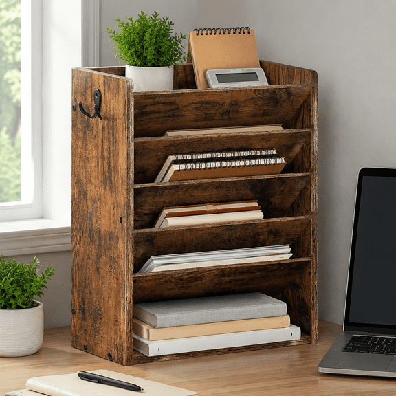 Wall File Organizer, 6-Tier Vertical Mount Hanging Holder with 2 Side Hooks, Vintage Wooden Magazine Storage Crate with Bottom Flat Tray, Desk Organizer, for Office, Home, Rustic Brown