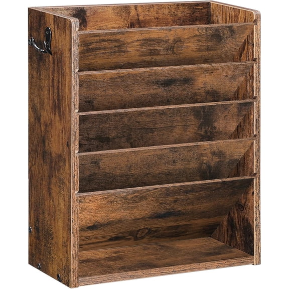 Wall File Organizer, 6-Tier Vertical Mount Hanging Holder with 2 Side Hooks, Vintage Wooden Magazine Storage Crate with Bottom Flat Tray, Desk Organizer, for Office, Home, Rustic Brown