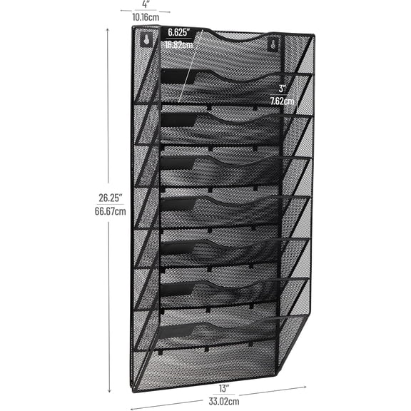 Wall File Organizer, 8 Pocket Hanging Document Rack, Office Wall Mount, Metal Mesh, Black