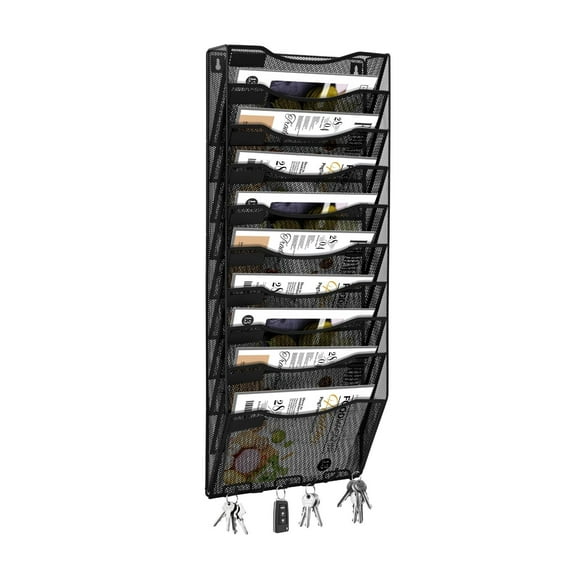 Wall File Organizer Hanging File Holder Mesh Wall Mounted File Magazine Rack Metal Hanging File Organizer, Multipurpose Use to Display Newspapers, Paper ,File ,Letter Storage Organizer, Black