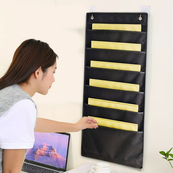 Wall File Organizer Hanging Storage Pocket | 6 Pockets with 2 Hooks | Wall Mount Document Holder | Polyester Waterproof Tear-Resistant | Fits Files Magazines Mail | Beige | 14.57x30.71 in