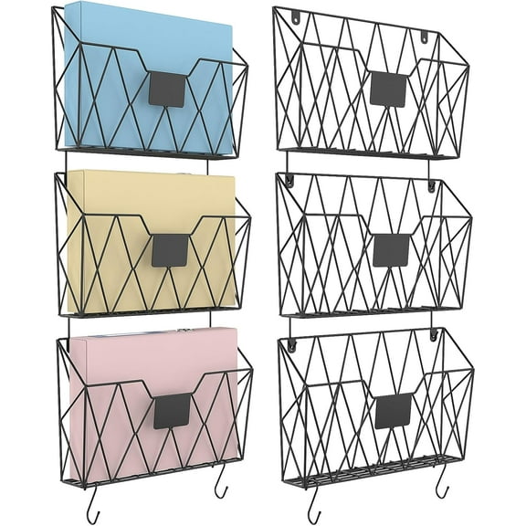 Wall File Organizer Mesh Hanging Wall-mount Files Holder 6 Pack Hanging Wire Magazine Rack and Mail Holder with Hooks Office Wall Organizer for Papers Folders Files Clipboard Black