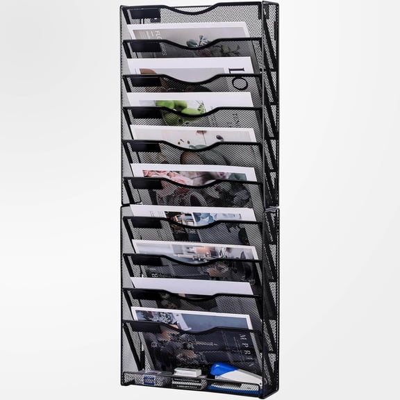 Wall File Organizer, Mesh Mail Organizer Wall Mounted Paper Document Holder, Vertical Magazine Rack, Metal Hanging Clipboard Storage Basket for Office Home Organization, Black