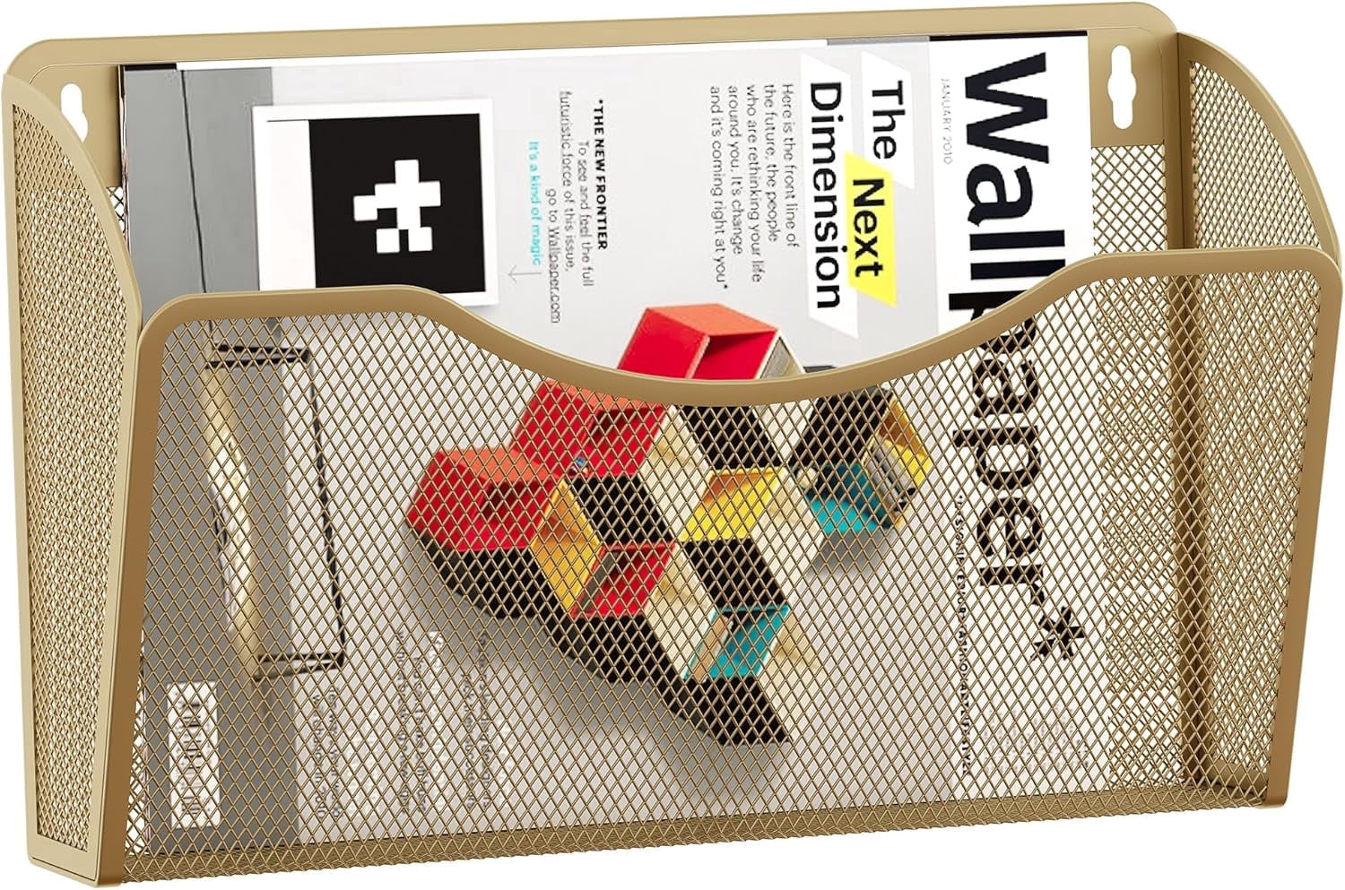 Wall File Organizer, Metal Mesh Hanging File Folder Holder for Letter/A4 Size Folders, Vertical Wall Mount Mail Sorter for Office Paperwork, Classroom, Gold