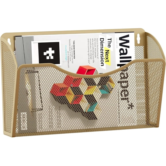 Wall File Organizer, Metal Mesh Hanging File Folder Holder for Letter/A4 Size Folders, Vertical Wall Mount Mail Sorter for Office Paperwork, Classroom, Gold