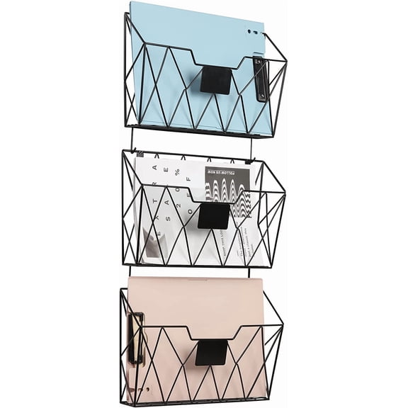 Wall File Organizer for Office Hanging Holder and Basket Set of 3 Rack with Hooks Metal Storage Living Room Black