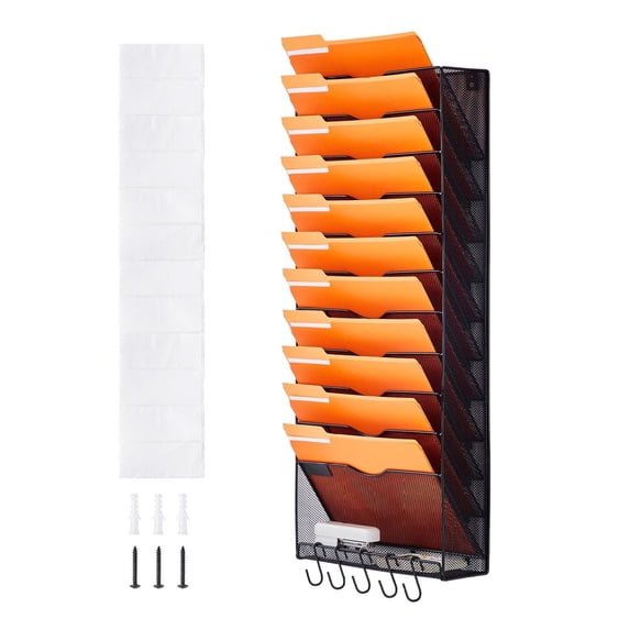 Wall File Rack 12 Pocket Mesh Organizer - Metal Wall Mount Folder for Office, Home & School Documents, Mail & Magazines - Label Holder Included