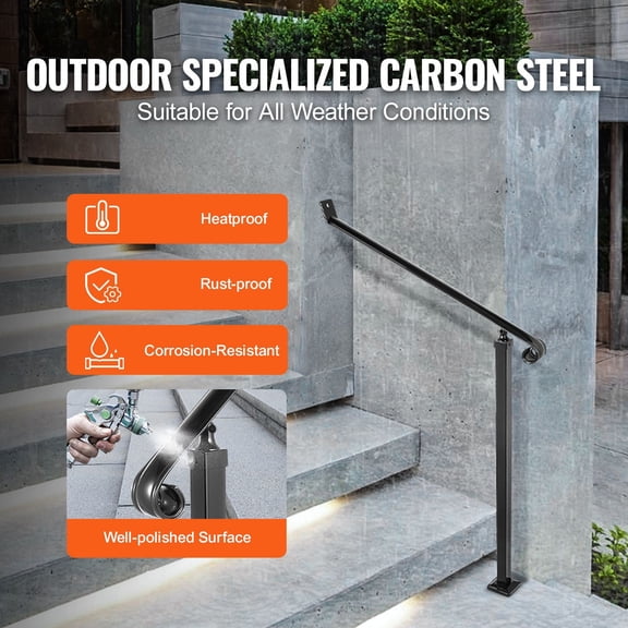 Wall & Floor Mount Wrought Iron Outdoor Step Handrail for 2-3 Stairs, Black Metal Safety Stair Grab Bar with Complete Installation Hardware Set