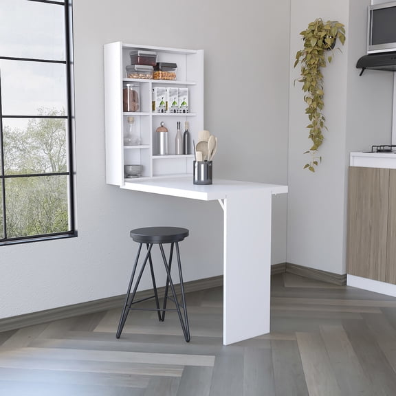 Wall Foldable Table With Multiple Shelves - White, Space-saving Solution For Any Room 30 Inch High X 12.3 D 23.6 W Seven Made Of Particle Board White Ample Shelf Space Storage Optimize Saving Height