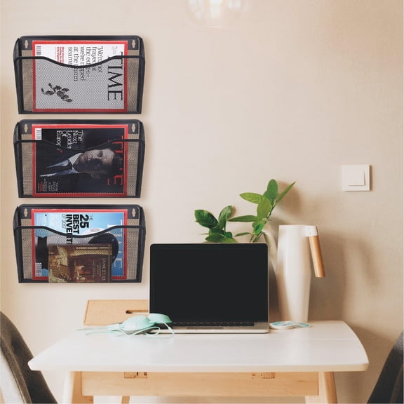 Wall Folder File Letter Pocket Holder (6 Pack) Metal Mesh Desk Hanging Basket Box Bin Mail A4 Size Paper Document Organizer, Storage Rack Single Slot Wall Mount for Office School Home - Black