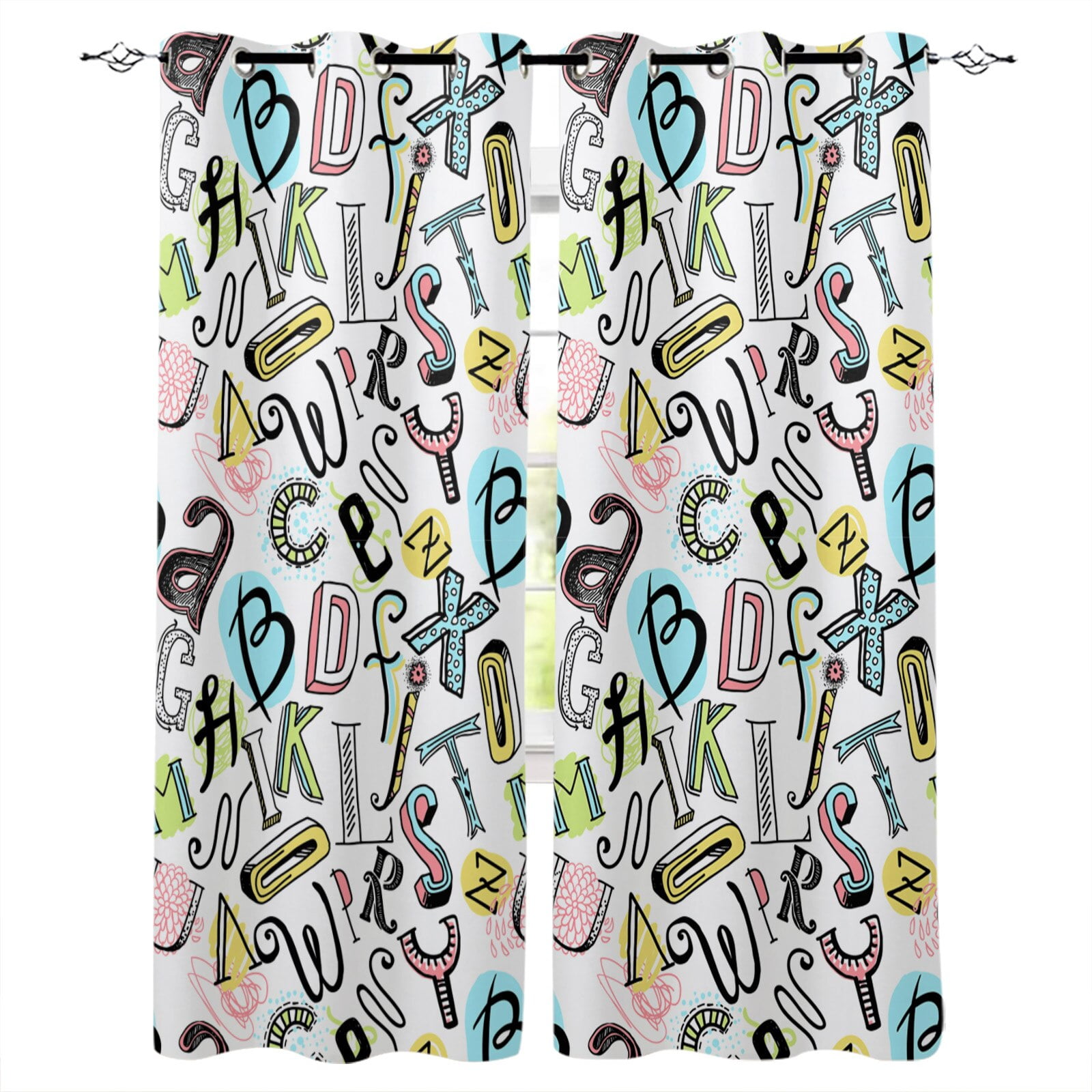 Wall Graffiti Art Text Alphabet Window Curtains Window Blinds Drapes