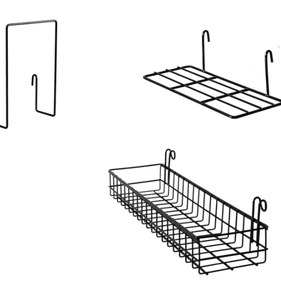Wall Grid Panel Hanging Basket with Hooks,Bookshelf,Display Shelf,Wall Organizer and Metal Shelving for Home Supplies,1 Set of 3 (Black)