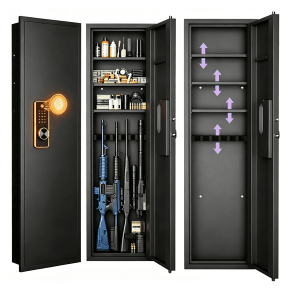 Wall Gun Safe for Rifles, 53"H Hidden Fingerprint In-Wall Gun Cabinet with Adjustable Shelves, Steel Safe, Black